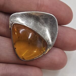 Vintage Mariusz Gliwinski Modernist 925 Sterling Silver Baltic Amber Brooch Pin